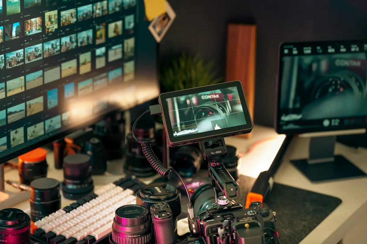 Editing desk with cameras, lenses and monitors